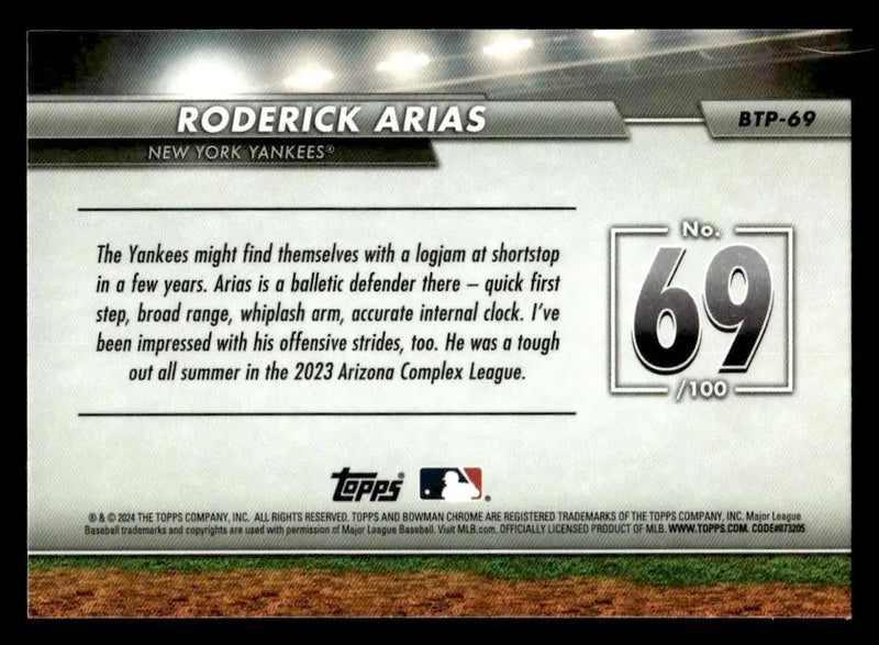 2024 Bowman #BTP-69 Roderick Arias Bowman Scouts’ Top 100 - Baseball Card Single
