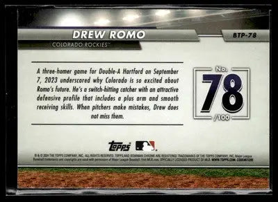 2024 Bowman #BTP-78 Drew Romo Bowman Scouts’ Top 100 - Baseball Card Single