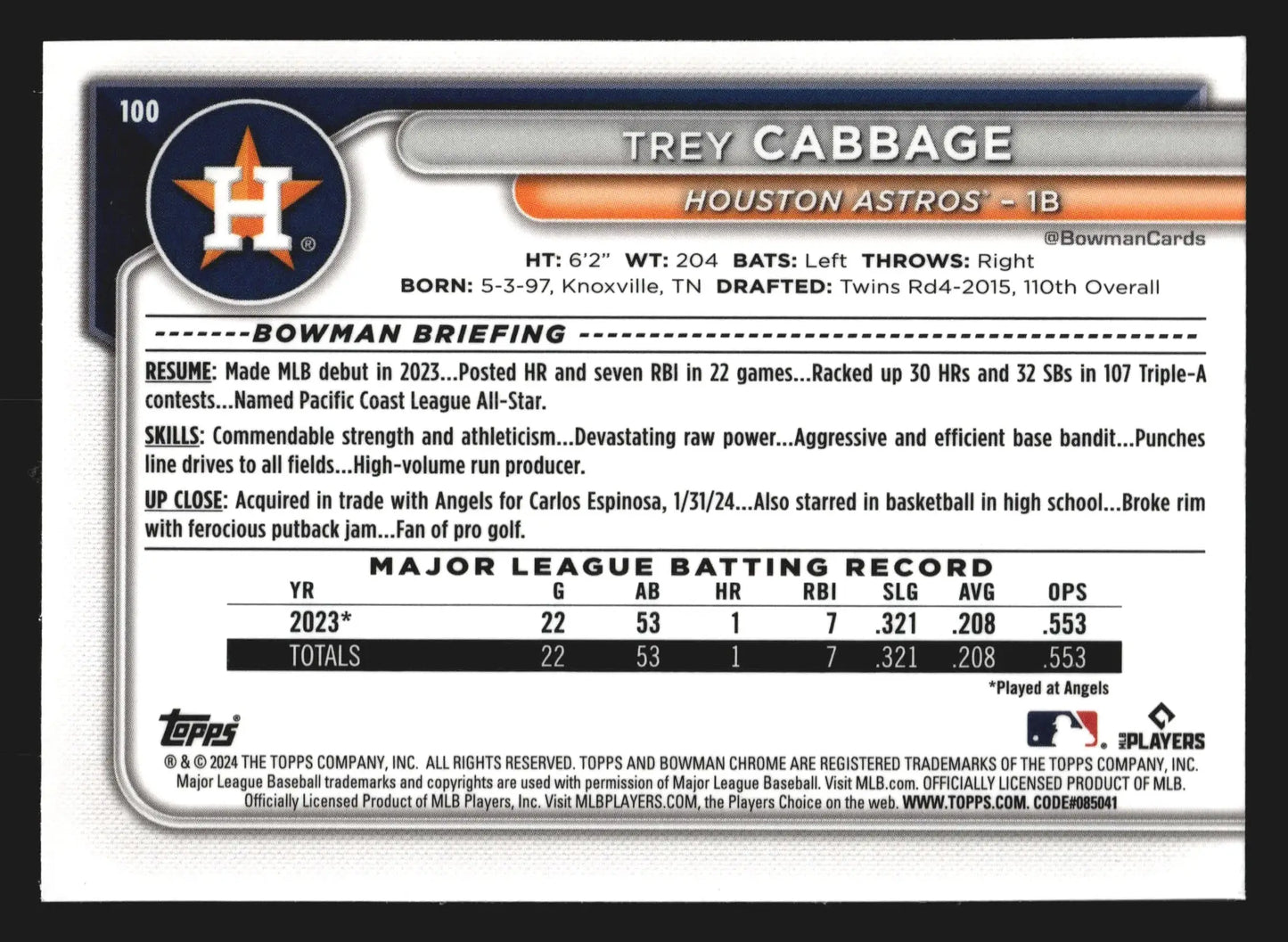 2024 Bowman Chrome #100 Trey Cabbage Houston Astros RC