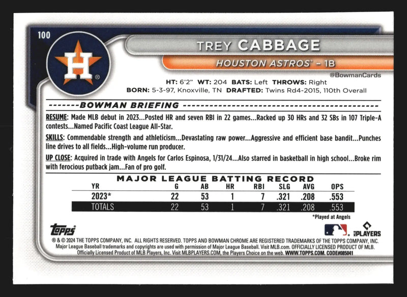 2024 Bowman Chrome #100 Trey Cabbage Houston Astros RC