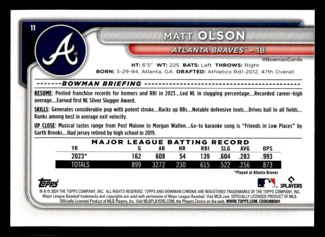 2024 Bowman Chrome #11 Matt Olson - Baseball Card Single