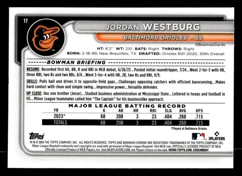 2024 Bowman Chrome #17 Jordan Westburg