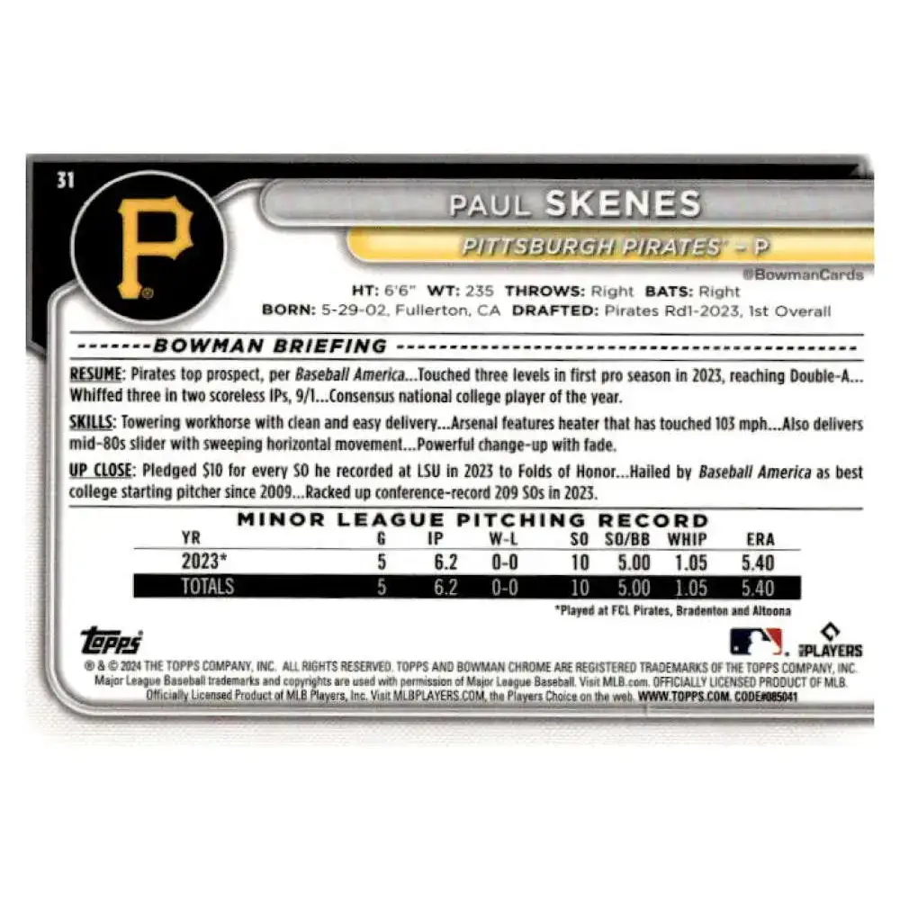 2024 Bowman Chrome #31 Paul Skenes NM-MT RC Rookie Pittsburgh Pirates Baseball Card