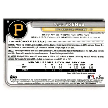 2024 Bowman Chrome #31 Paul Skenes NM-MT RC Rookie Pittsburgh Pirates Baseball Card