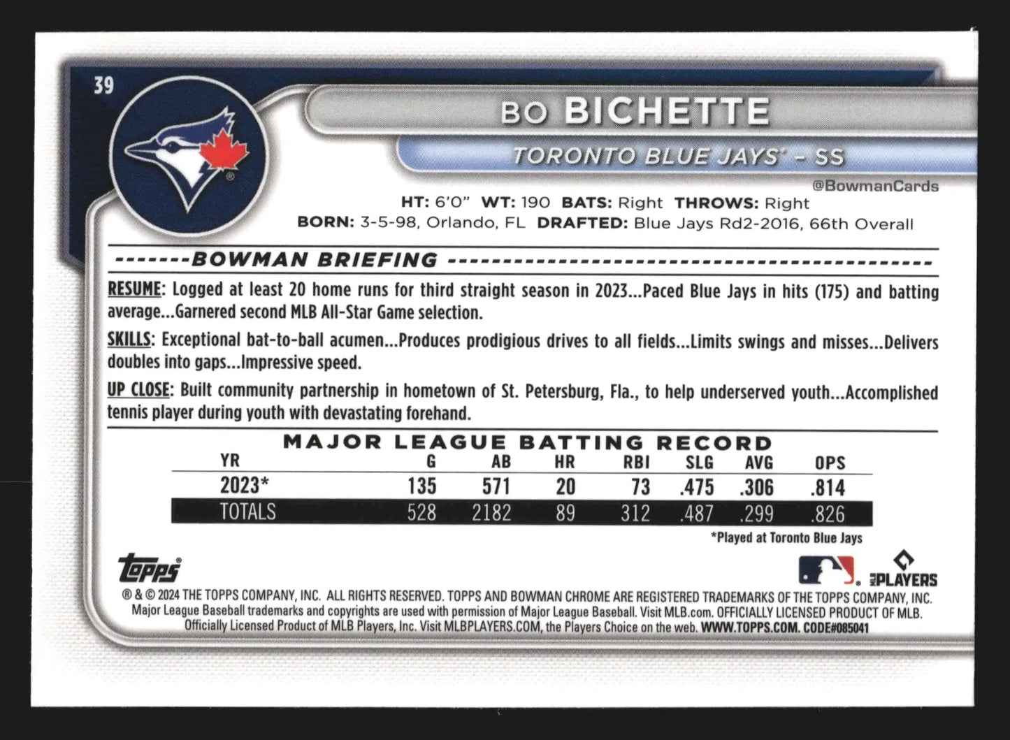 2024 Bowman Chrome #39 Bo Bichette Toronto Blue Jays - Baseball Card Single