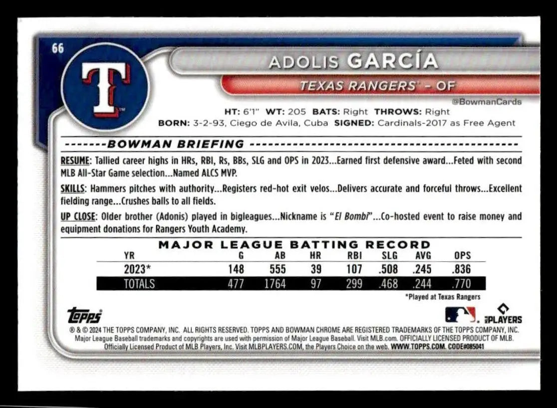 2024 Bowman Chrome #66 Adolis García - Baseball Card Single
