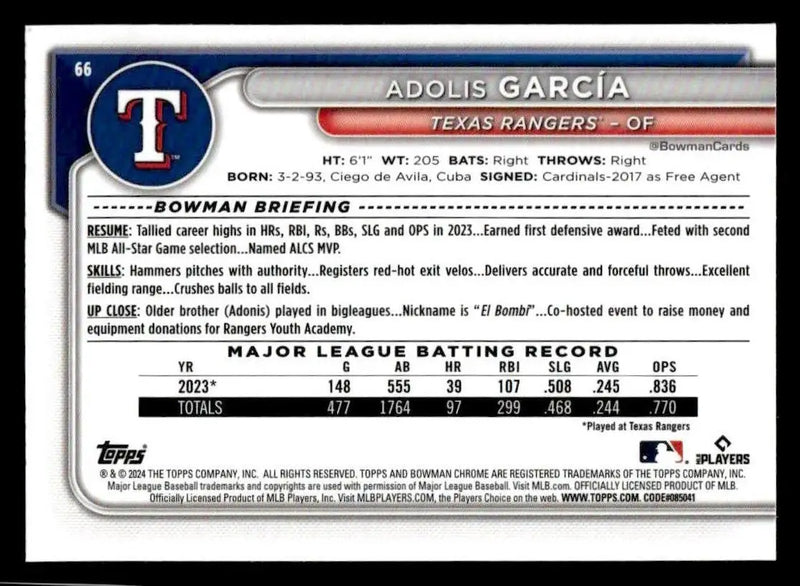 2024 Bowman Chrome #66 Adolis García - Baseball Card Single