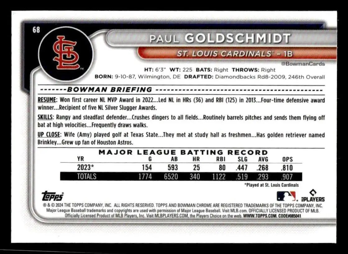 2024 Bowman Chrome #68 Paul Goldschmidt - Baseball Card Single