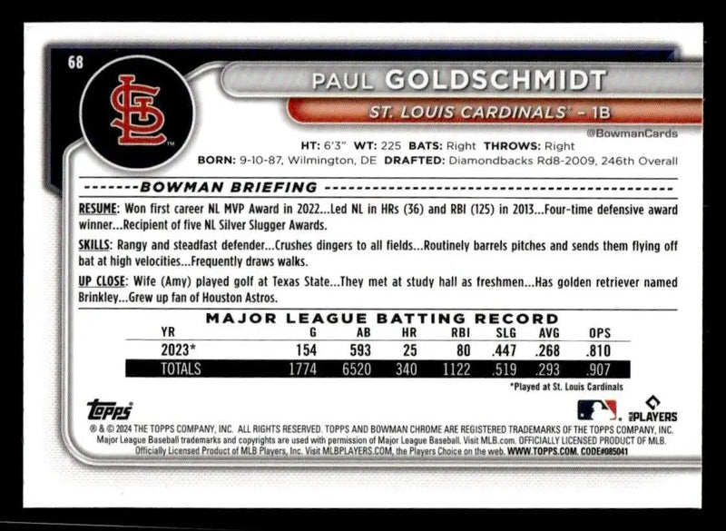 2024 Bowman Chrome #68 Paul Goldschmidt - Baseball Card Single