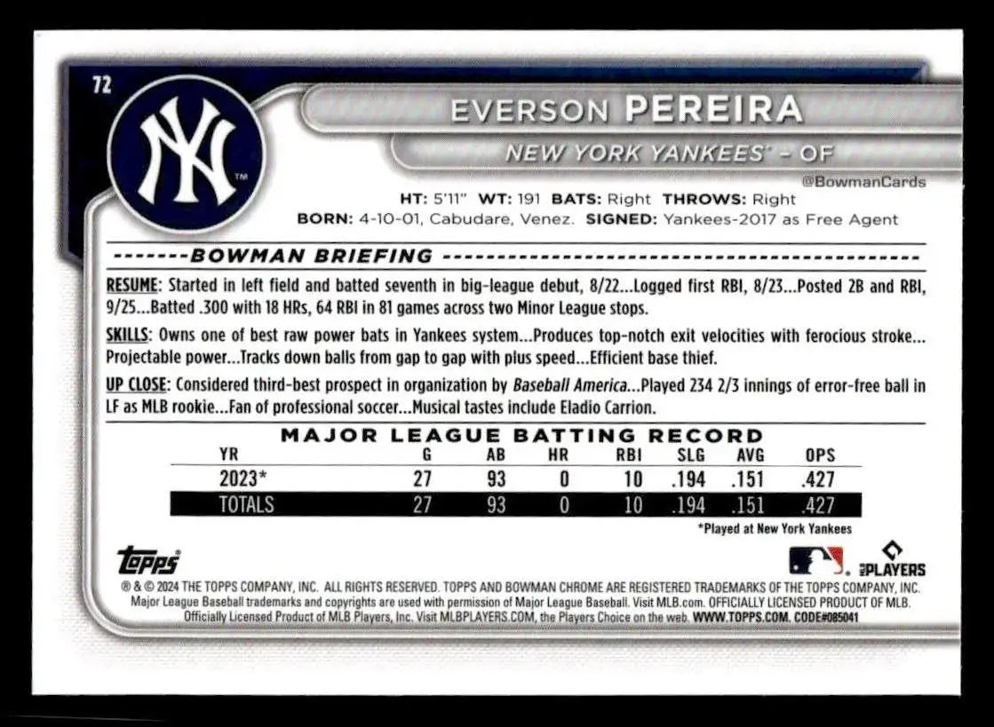 2024 Bowman Chrome #72 Everson Pereira - Baseball Card Single