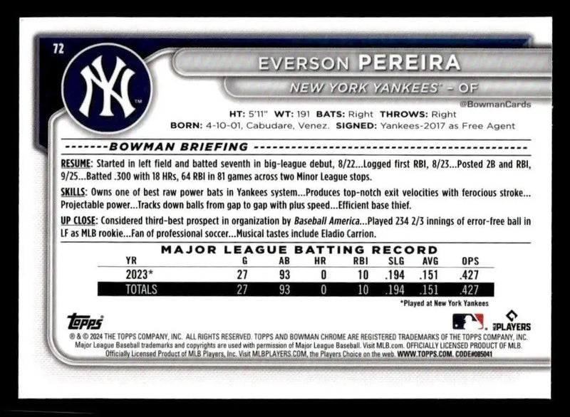 2024 Bowman Chrome #72 Everson Pereira - Baseball Card Single