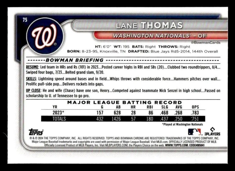 2024 Bowman Chrome #75 Lane Thomas - Baseball Card Single