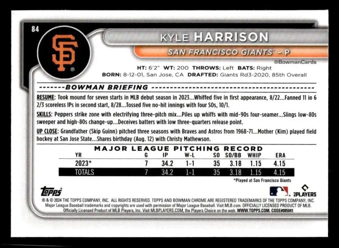 2024 Bowman Chrome #84 Kyle Harrison - Baseball Card Single