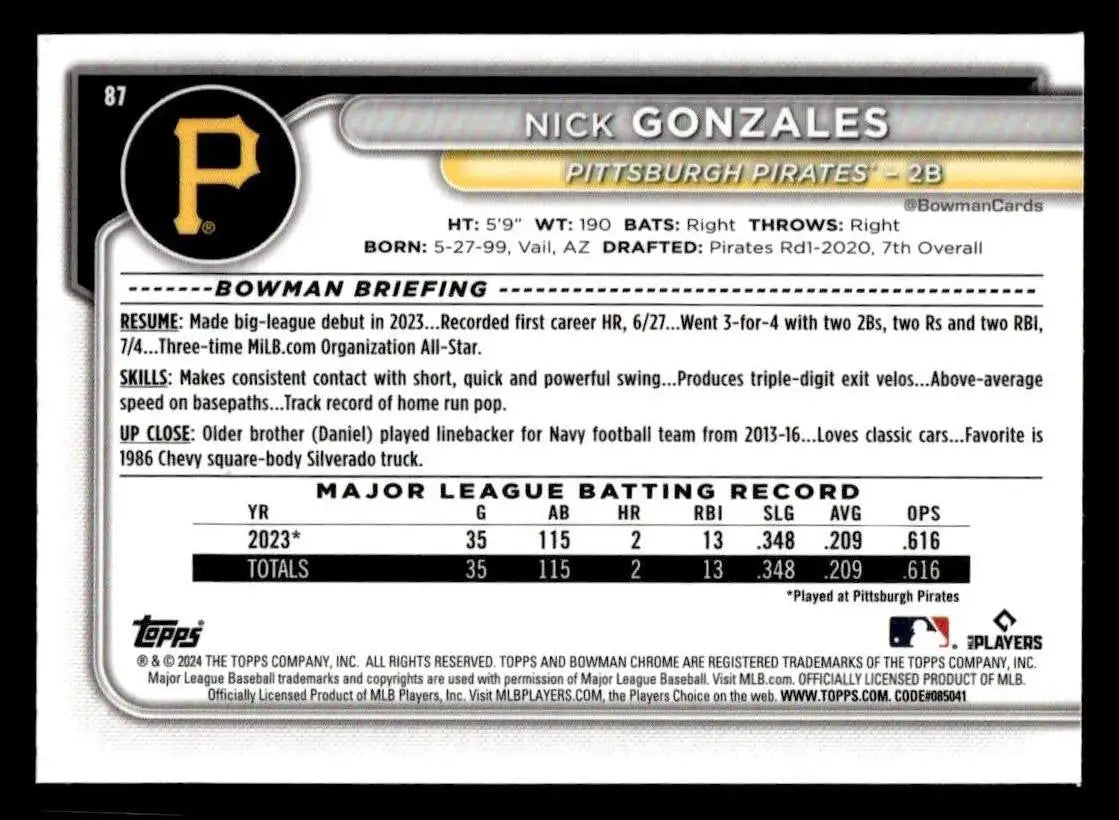 2024 Bowman Chrome #87 Nick Gonzales - Baseball Card Single