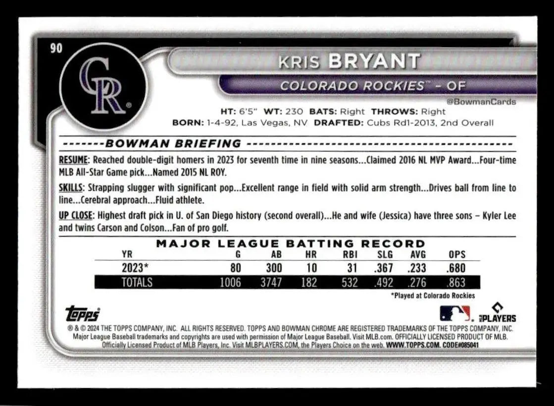 2024 Bowman Chrome #90 Kris Bryant - Baseball Card Single