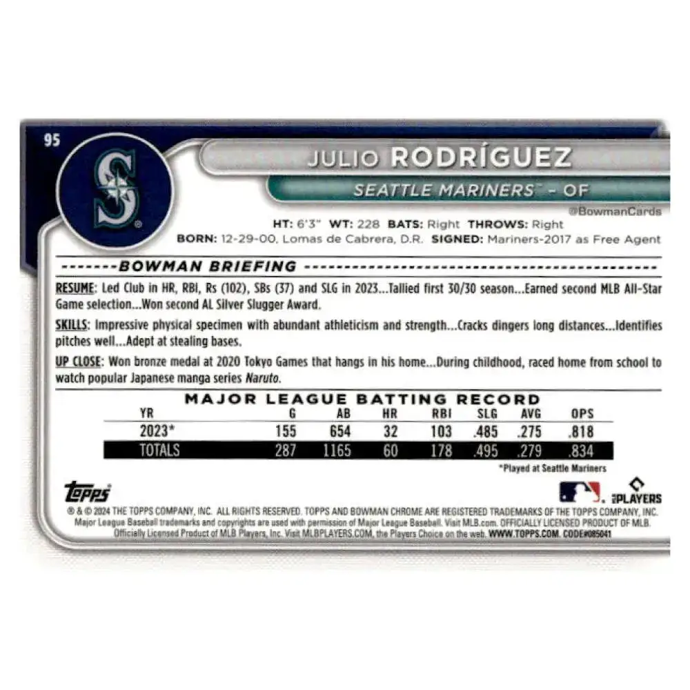 2024 Bowman Chrome #95 Julio Rodr?guez NM-MT Seattle Mariners Baseball Card - Baseball Card Single