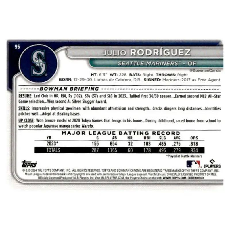2024 Bowman Chrome #95 Julio Rodr?guez NM-MT Seattle Mariners Baseball Card - Baseball Card Single