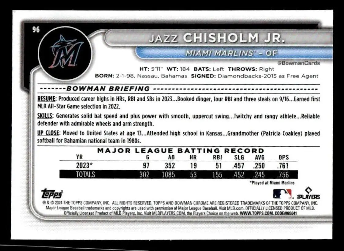 2024 Bowman Chrome #96 Jazz Chisholm Jr. - Baseball Card Single