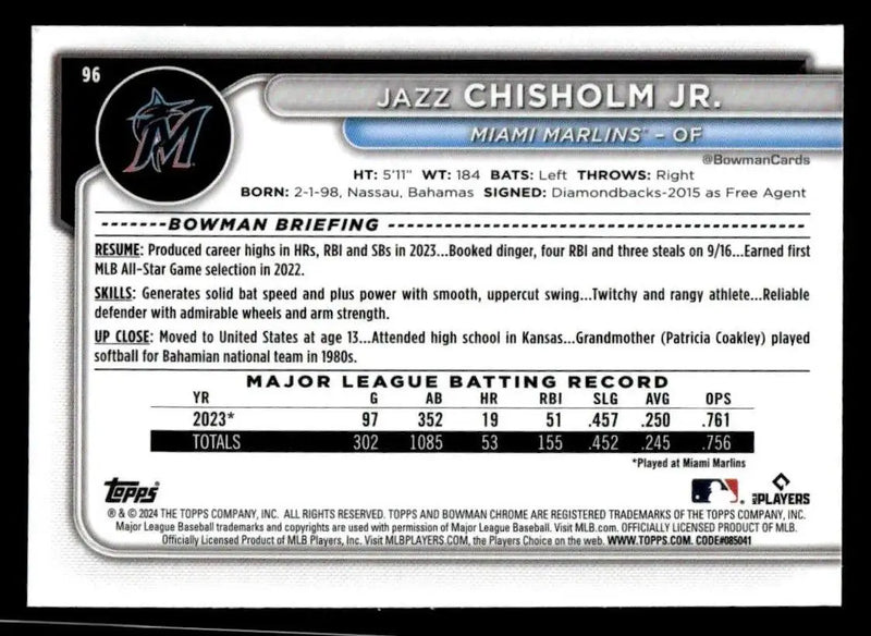 2024 Bowman Chrome #96 Jazz Chisholm Jr. - Baseball Card Single