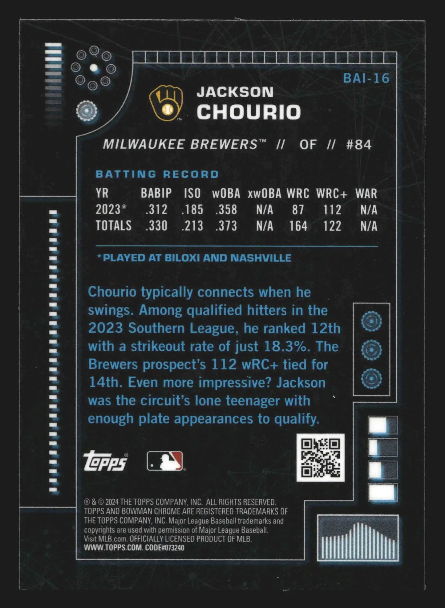 2024 Bowman Chrome #BAI-16 Jackson Chourio Bowman AI Insert Milwaukee Brewers - Baseball Card Single