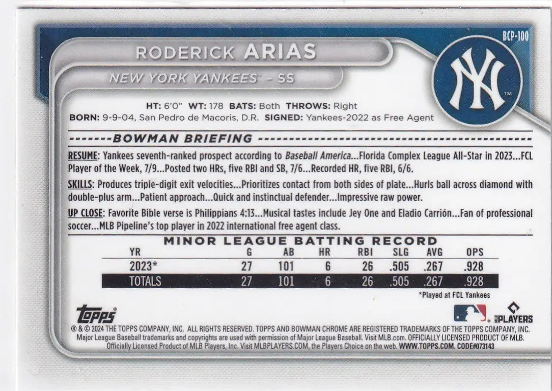 2024 BOWMAN CHROME #BCP-100 RODERICK ARIAS- NEW YORK YANKEES - Baseball Card Single