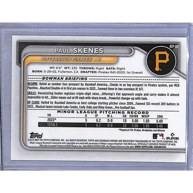 2024 Bowman Chrome #BCP-125 Paul Skenes NM-MT Pittsburgh Pirates - Baseball Card Single