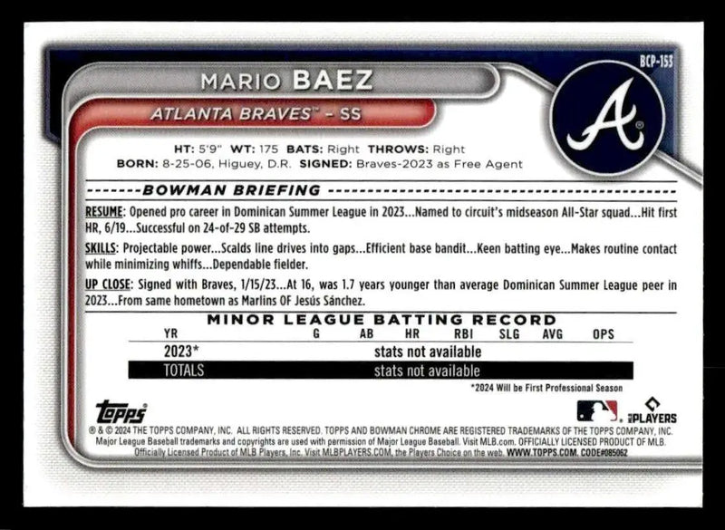 2024 Bowman Chrome #BCP-153 Mario Baez Prospects - Baseball Card Single
