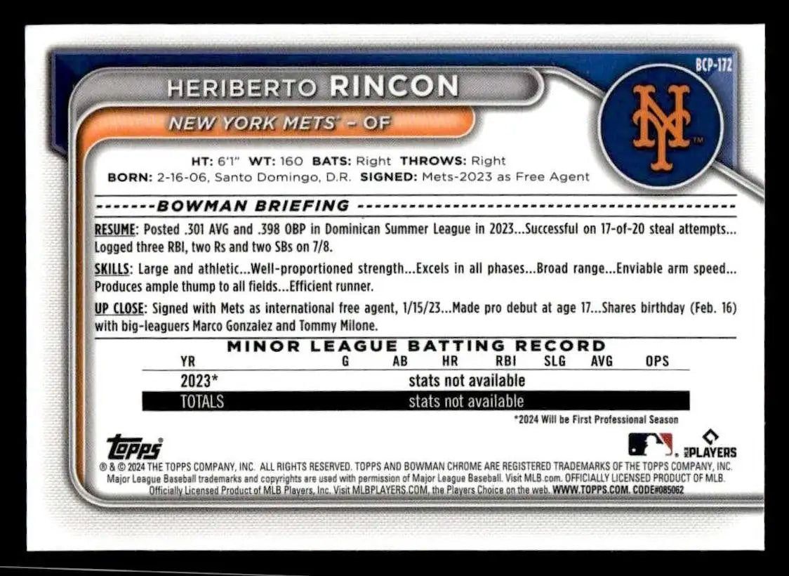 2024 Bowman Chrome #BCP-172 Heriberto Rincon Prospects - Baseball Card Single