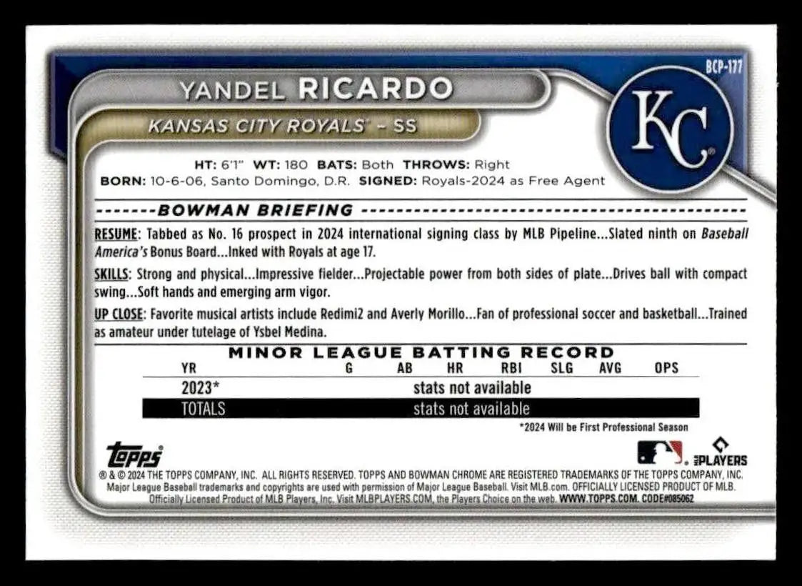 2024 Bowman Chrome #BCP-177 Yandel Ricardo Prospects - Baseball Card Single
