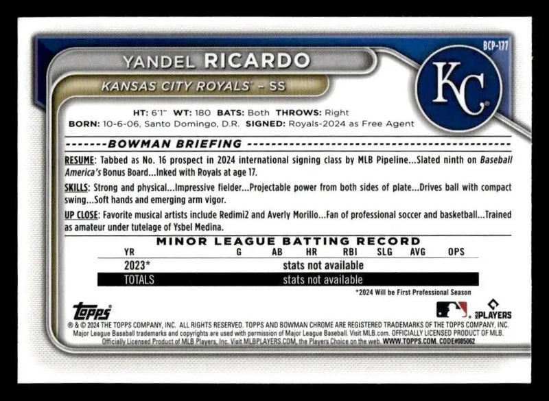 2024 Bowman Chrome #BCP-177 Yandel Ricardo Prospects - Baseball Card Single