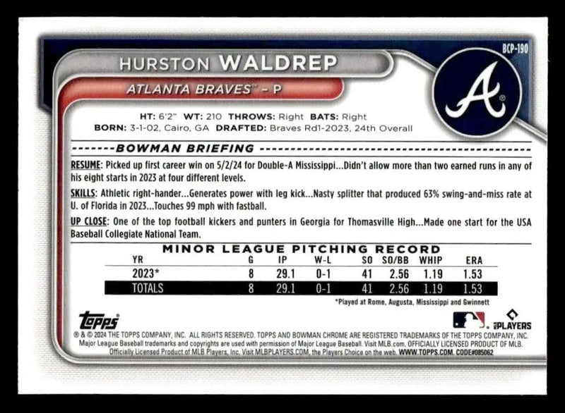 2024 Bowman Chrome #BCP-190 Hurston Waldrep Prospects Shimmer Refractors - Baseball Card Single