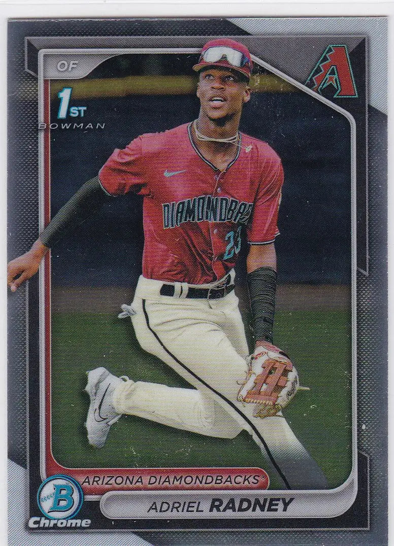 Baseball card of Adriel Radney in red jersey for 1st Bowman Arizona Diamondbacks