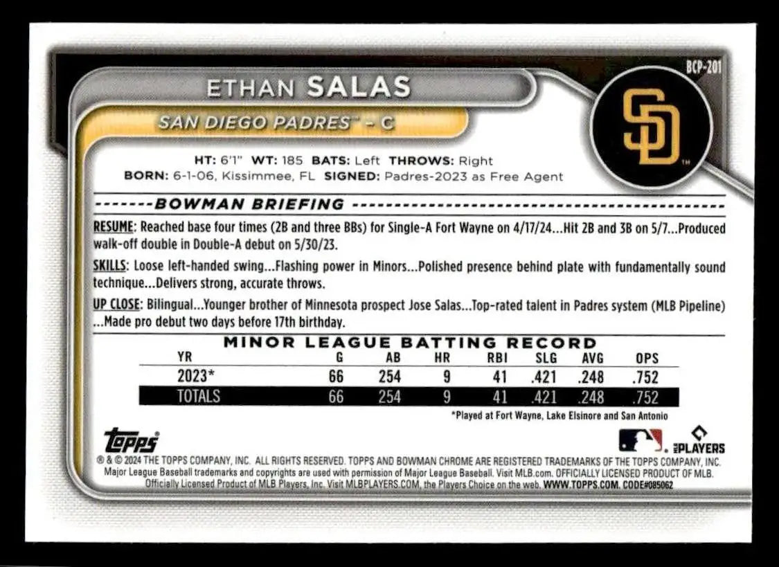 2024 Bowman Chrome #BCP-201 Ethan Salas Prospects