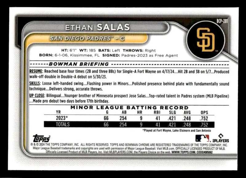 2024 Bowman Chrome #BCP-201 Ethan Salas Prospects