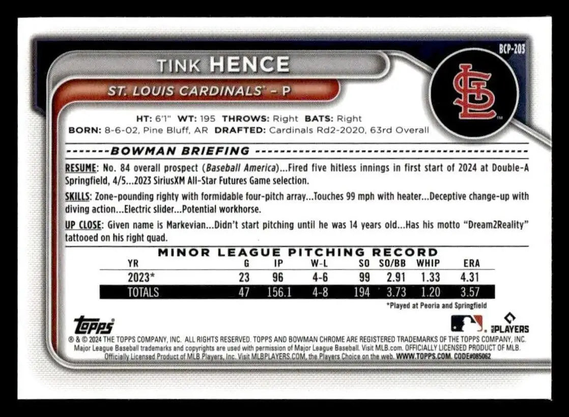 2024 Bowman Chrome #BCP-203 Tink Hence Prospects - Baseball Card Single