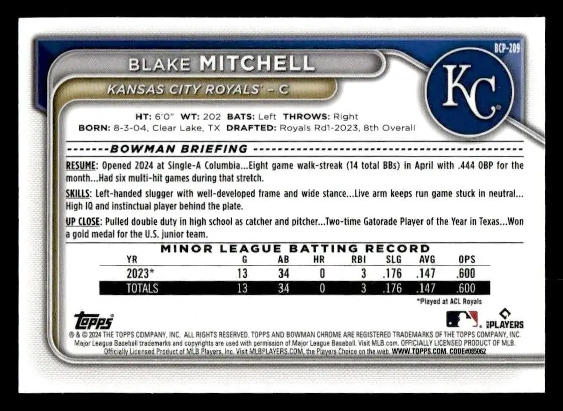 2024 Bowman Chrome #BCP-209 Blake Mitchell Prospects - Baseball Card Single