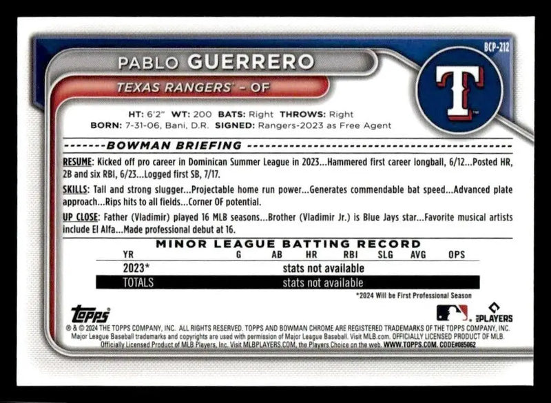 2024 Bowman Chrome #BCP-212 Pablo Guerrero Prospects - Baseball Card Single