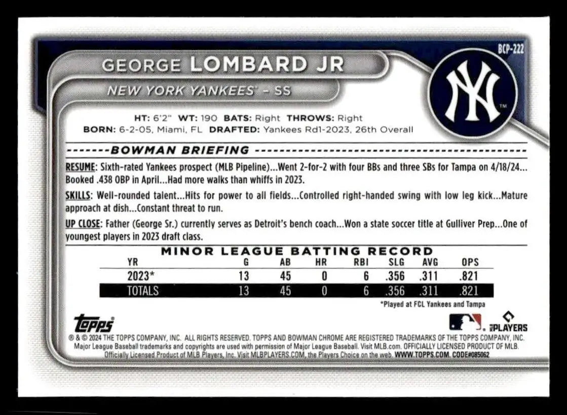 2024 Bowman Chrome #BCP-222 George Lombard Jr Prospects - Baseball Card Single