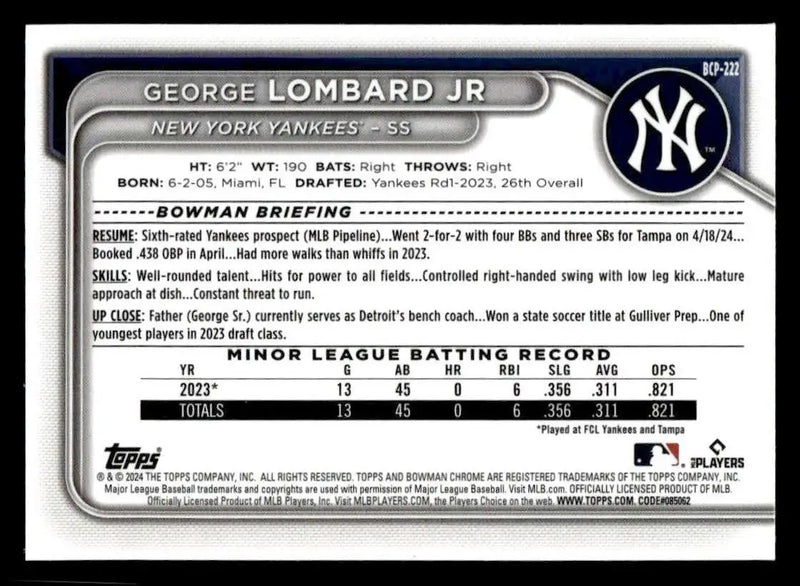 2024 Bowman Chrome #BCP-222 George Lombard Jr Prospects - Baseball Card Single