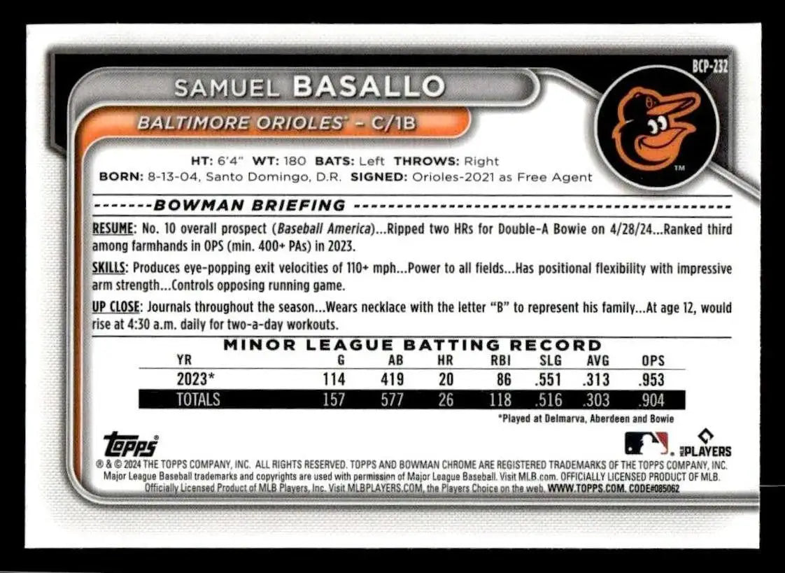 2024 Bowman Chrome #BCP-232 Samuel Basallo Prospects - Baseball Card Single
