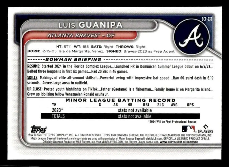 2024 Bowman Chrome #BCP-233 Luis Guanipa Prospects - Baseball Card Single