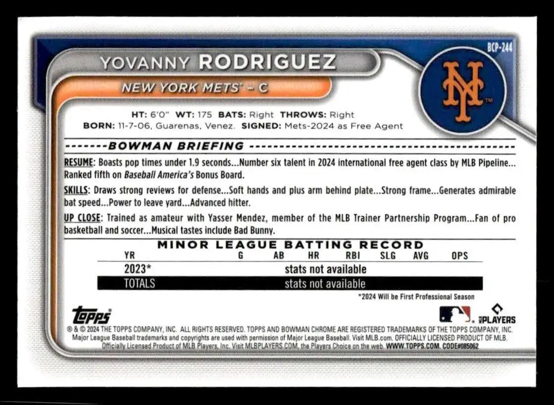 2024 Bowman Chrome #BCP-244 Yovanny Rodriguez Prospects - Baseball Card Single