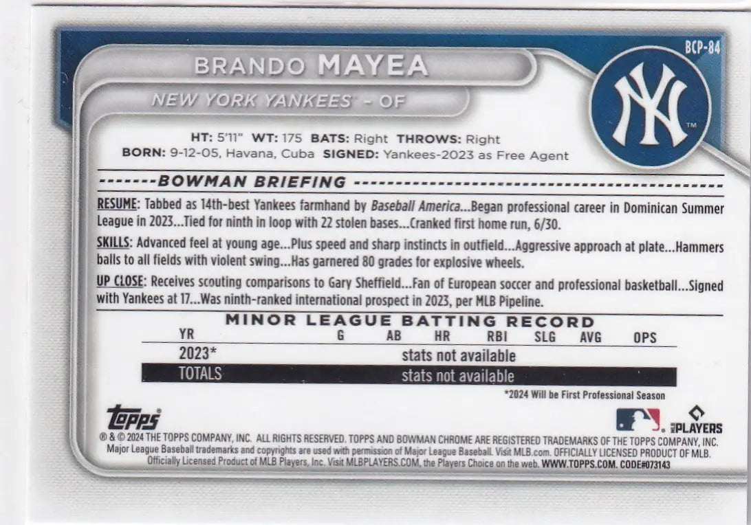 2024 BOWMAN CHROME #BCP-84 BRANDO MAYEA- NEW YORK YANKEES - Baseball Card Single