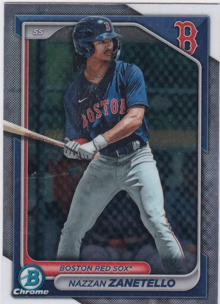 Baseball card of Nazzan Zanetello Boston Red Sox in batting stance, navy jersey