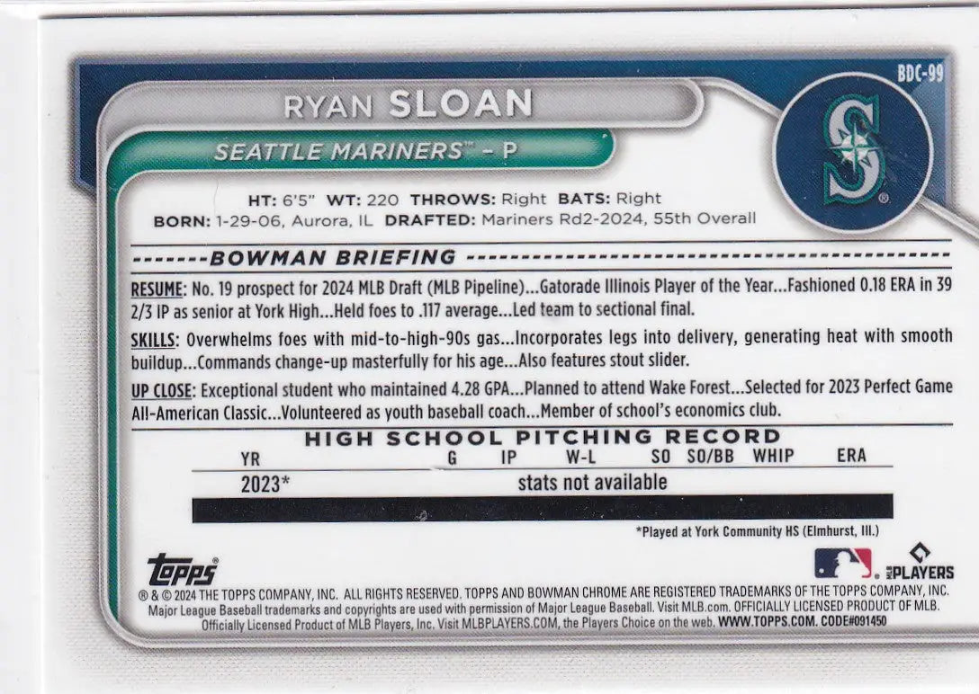 2024 BOWMAN CHROME #BDC-99 RYAN SLOAN- SEATTLE MARINERS - Baseball Card Single