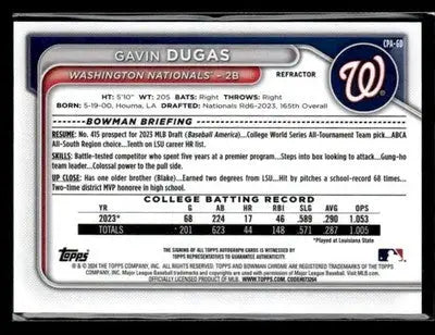 2024 Bowman Chrome #CPA-GD Gavin Dugas Prospects Autographs Refractors #/499 - Baseball Card Single