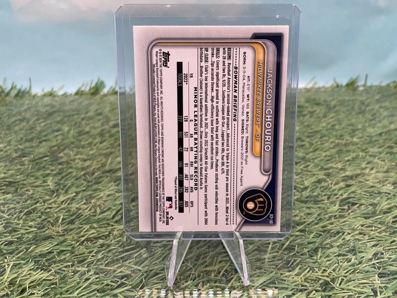 Jackson Chourio baseball card from 2024 Bowman Chrome Milwaukee Brewers #BCP-140