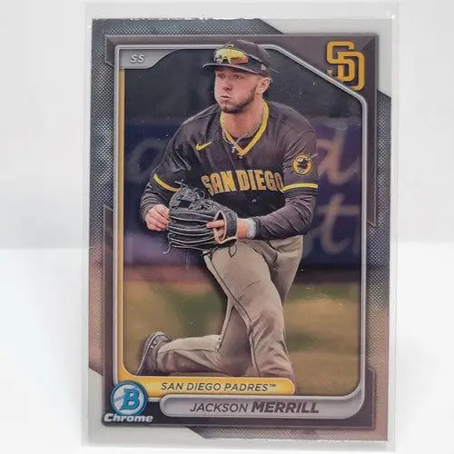 San Diego Padres 2024 Bowman Chrome Jackson Merrill rookie baseball card featuring chrome Jackson Merrill
