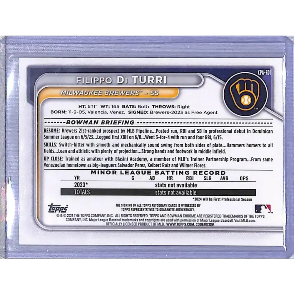 2024 Bowman Chrome Prospect Autograph #CPA-FDI Filippo Di Turri NM-MT Auto Milwaukee Brewers - Baseball Card Single