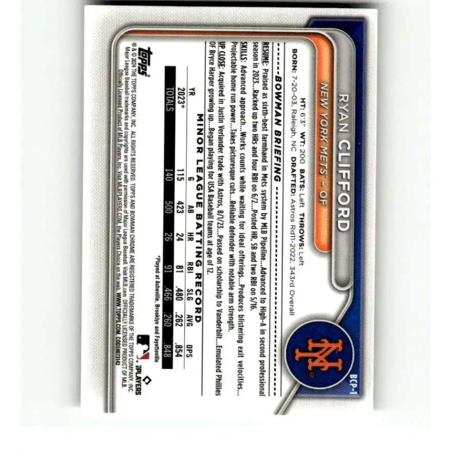 2024 Bowman Chrome Prospects #BCP-1 Ryan Clifford NM-MT New York Mets Baseball Card - Baseball Card Single